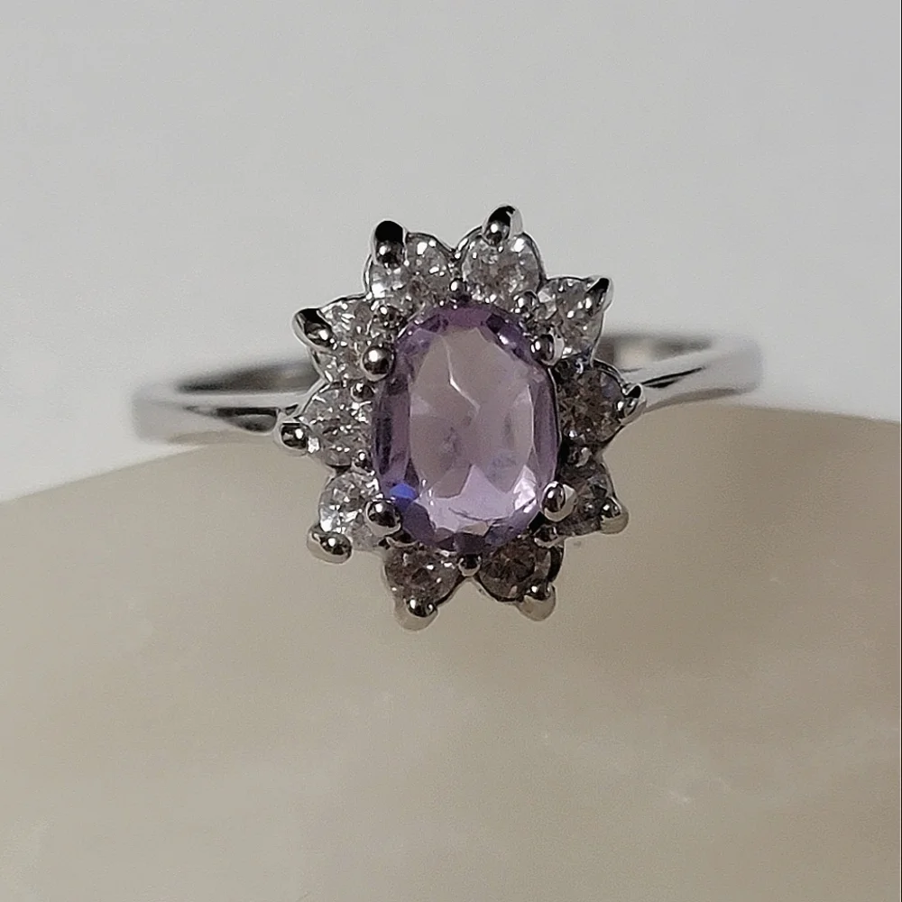 Gorgeous Amethyst Halo Flower Ring Cluster Faceted Gemstone